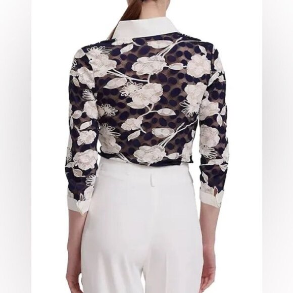 NWT Anne Fontaine Vaxy Navy And White Floral Lace Poplin 3/4 Sleeve Shirt - Picture 5 of 12